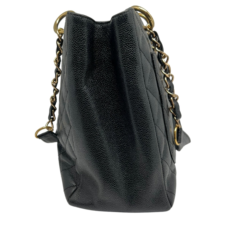 Side View: Quilted Caviar Leather in Black. Threaded Gold Chain-Link Shoulder Straps.