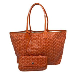 Front View: Goyard Chevron Print Canvas in Orange, Leather Strap Handles, Matching Trim, Matching Removable Pouch. 