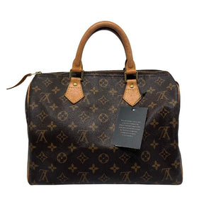 Louis Vuitton logo speedy 30, brown monogram coated canvas exterior, rolled handles, top zipper closure, canvas lining, single interior pocket, brass hardware, condition good, back view