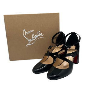 Christian Louboutin Patent Leather Mary Jane Heels, Size 41, Heel Height: 3.25", Black Patent Leather Exterior, Block Heel, Rounded Toe, Criss Cross Straps, Buck Details, Ankle Strap, condition excellent