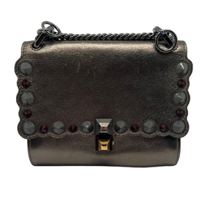 Front View: Metallic Leather, Metallic Hardware, Chain Link Shoulder Strap, Studded Accents, Maroon Trim, Push-Lock Closure at Front. 