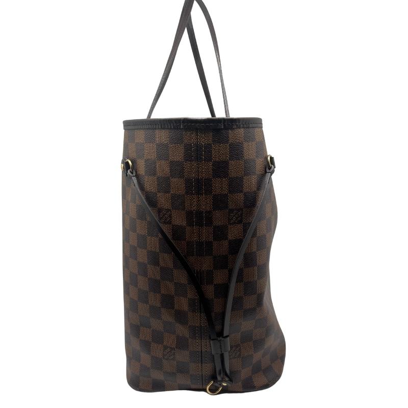 Louis Vuitton Damier Ebene Neverfull GM, Louis Vuitton tote bag, brown checker print exterior, coated leather exterior, brass hardware, dark brown leather trim, dual shoulder straps, clasp closure at top, jacquard lining, single interior pocket, side view