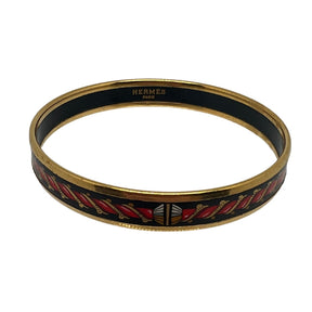 Hermes Extra Narrow Enamel Bangle, 18K Yellow Gold-Plated Brass, Enamel, Red and Black Design, Circumference: 7.5", Width: 0.3", Condition: Excellent. 