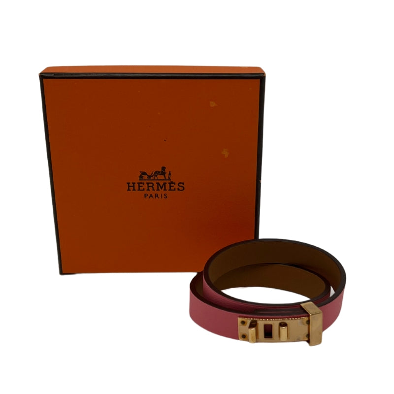 Hermes Mini Dog Double Tour Bracelet, 18K Gold-Plated Brass, Pink Leather, Includes Designer Box and Jewelry Pouch.