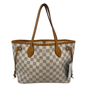 Louis Vuitton Damier Azur Neverfull PM, Coated Canvas Exterior, Damier Azur Pattern, Brass Hardware, Dual Shoulder Straps, Canvas Lining, Single Interior Pocket, Clasp Closure at Top