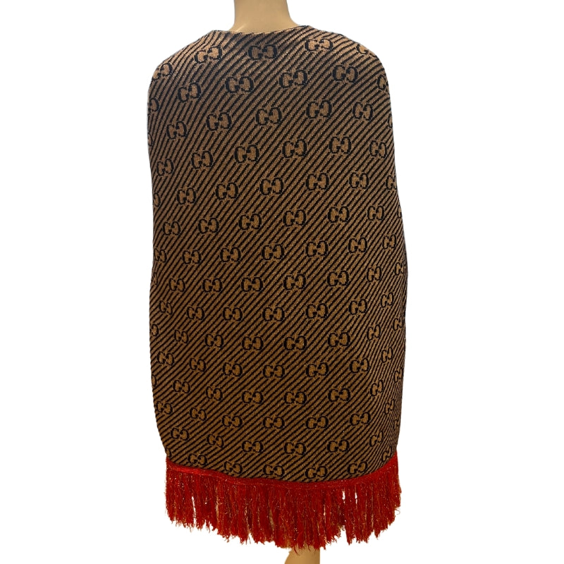 Gucci Wool GG Logo Glitter Fringe Cape, Size Medium, Bow Fasten, Arm Holes, Polyamide 3% Wool 95% Metallic Fibre 2%, Made In Italy, Condition: Excellent