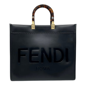 Fendi Sunshine Medium Black Leather Shopper, Black Leather Exterior, Gold-Tone Hardware, Acrylic Handles, Suede Lining, Open Top, Detachable Shoulder Strap, Condition Excellent