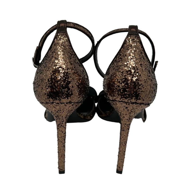 Back View: Gold Glitter Covered Leather Ankle Strap, Adjustable Ankle Strap.