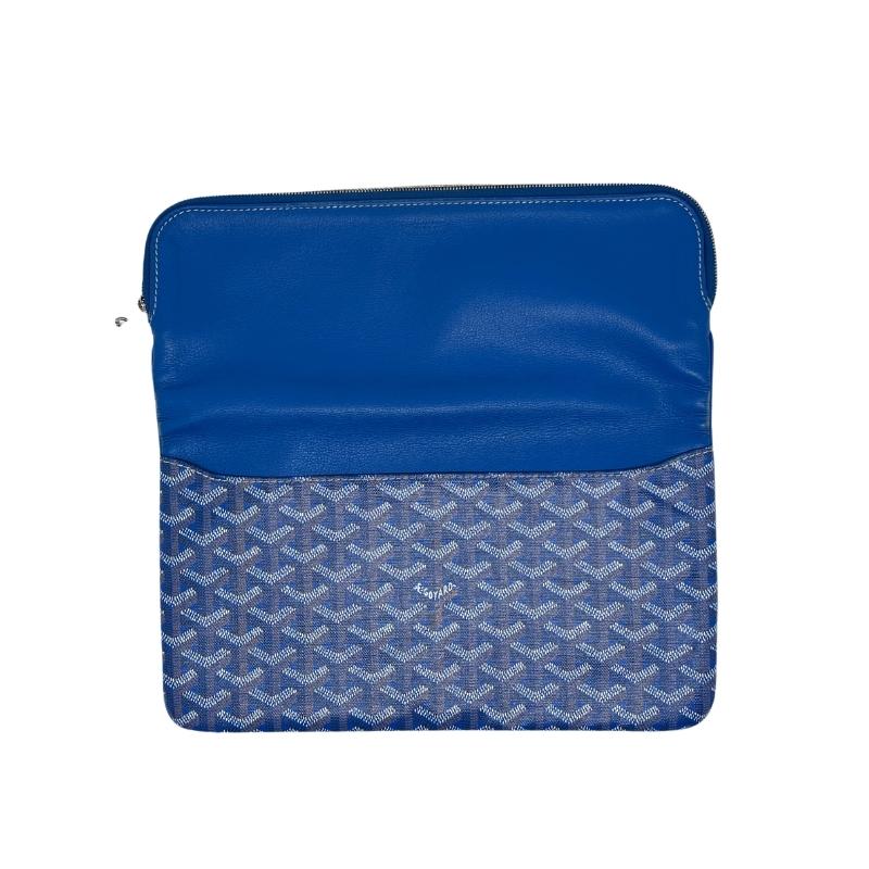Goyard St. Marie clutch, silver hardware, blue chevron pattern leather exterior, yellow interior, flap closure, condition great