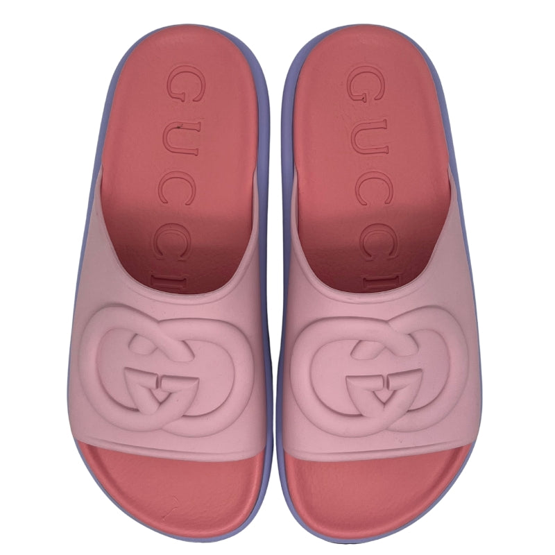 Gucci Interlocking G Platform Rubber Slides, Size 38, Embossed GG Logo, Pink and Purple Rubber, Rubber Sole, Condition: Excellent