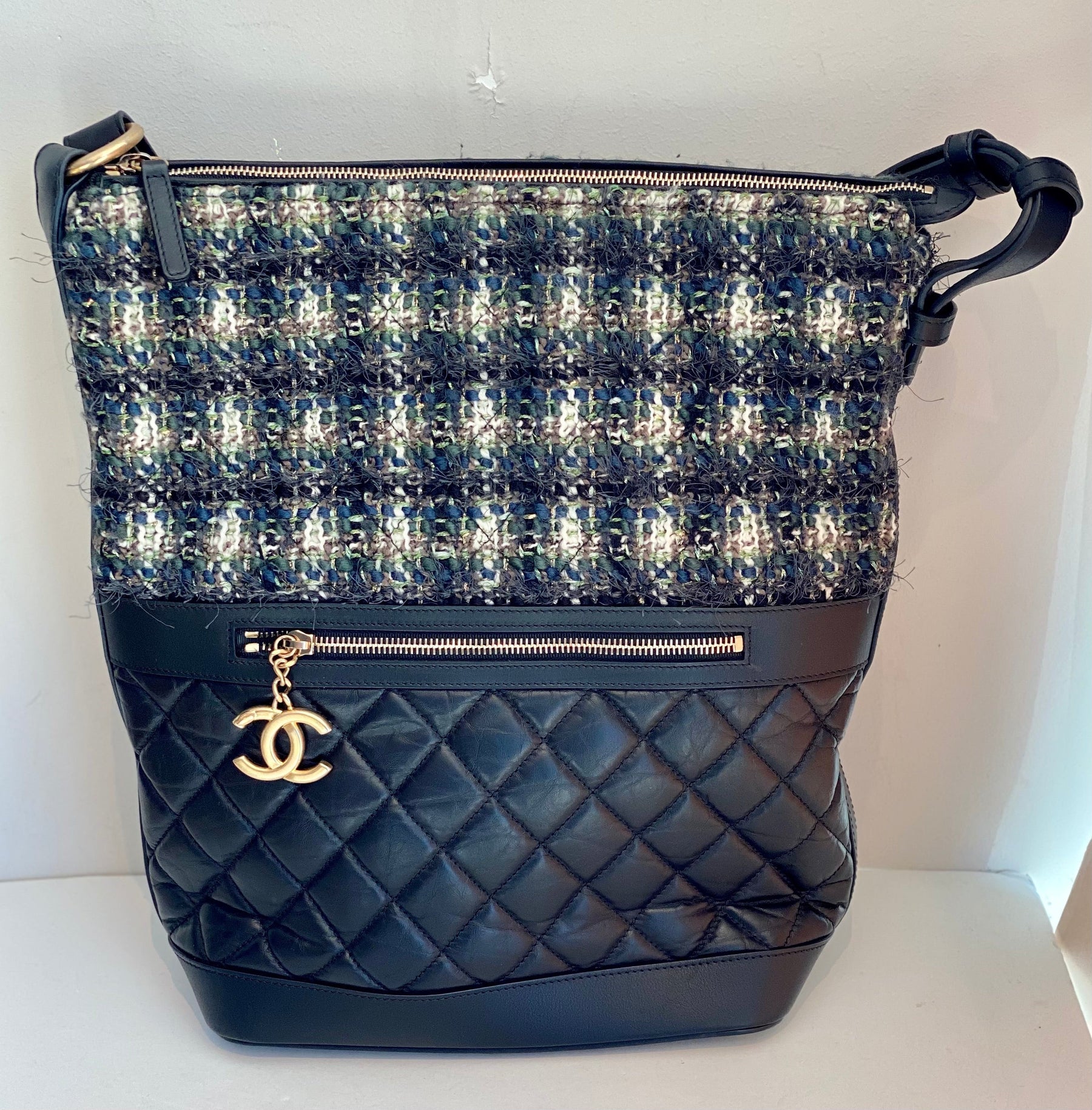 Chanel Casual Style Tweed And Quilted Leather Large Hobo Bag
