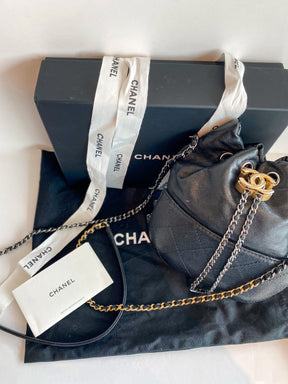 Chanel Gabrielle Bucket Bag Black Leather with Box Dust Bag