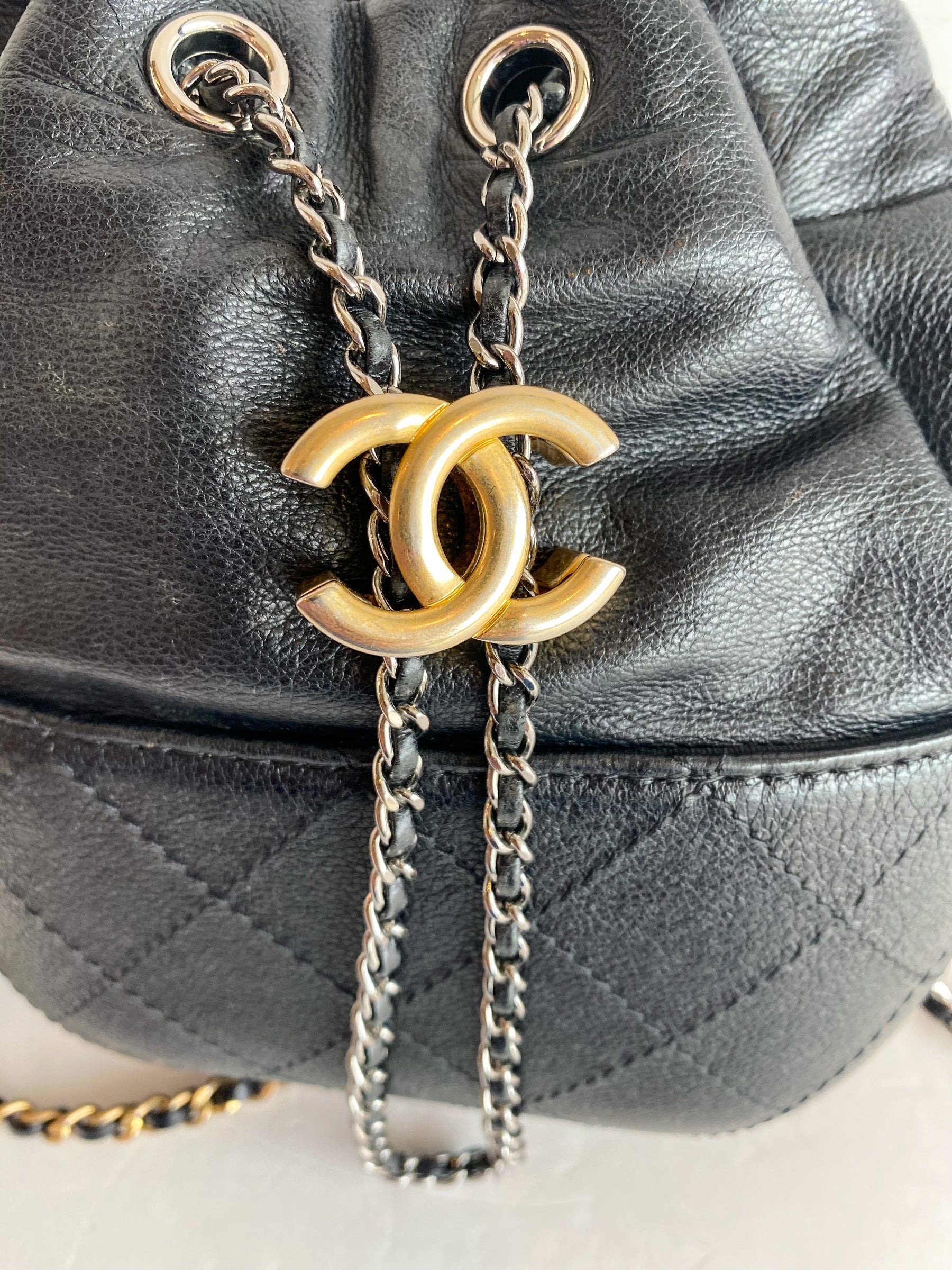 Chanel Gabrielle Bucket Bag Black Leather Gold Interlocking CC Logo