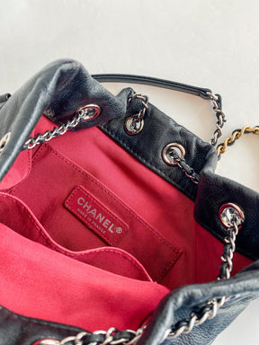 Chanel Gabrielle Bucket Bag Black Leather Inside Red