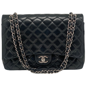Chanel Lambskin Quilted Classic Maxi Flap Bag Black Lambskin Leather Silver Hardware