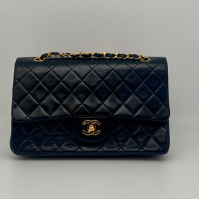 Chanel Quilted Lambskin Double Flap Bag Front Black Lambskin Leather Gold-tone Hardware