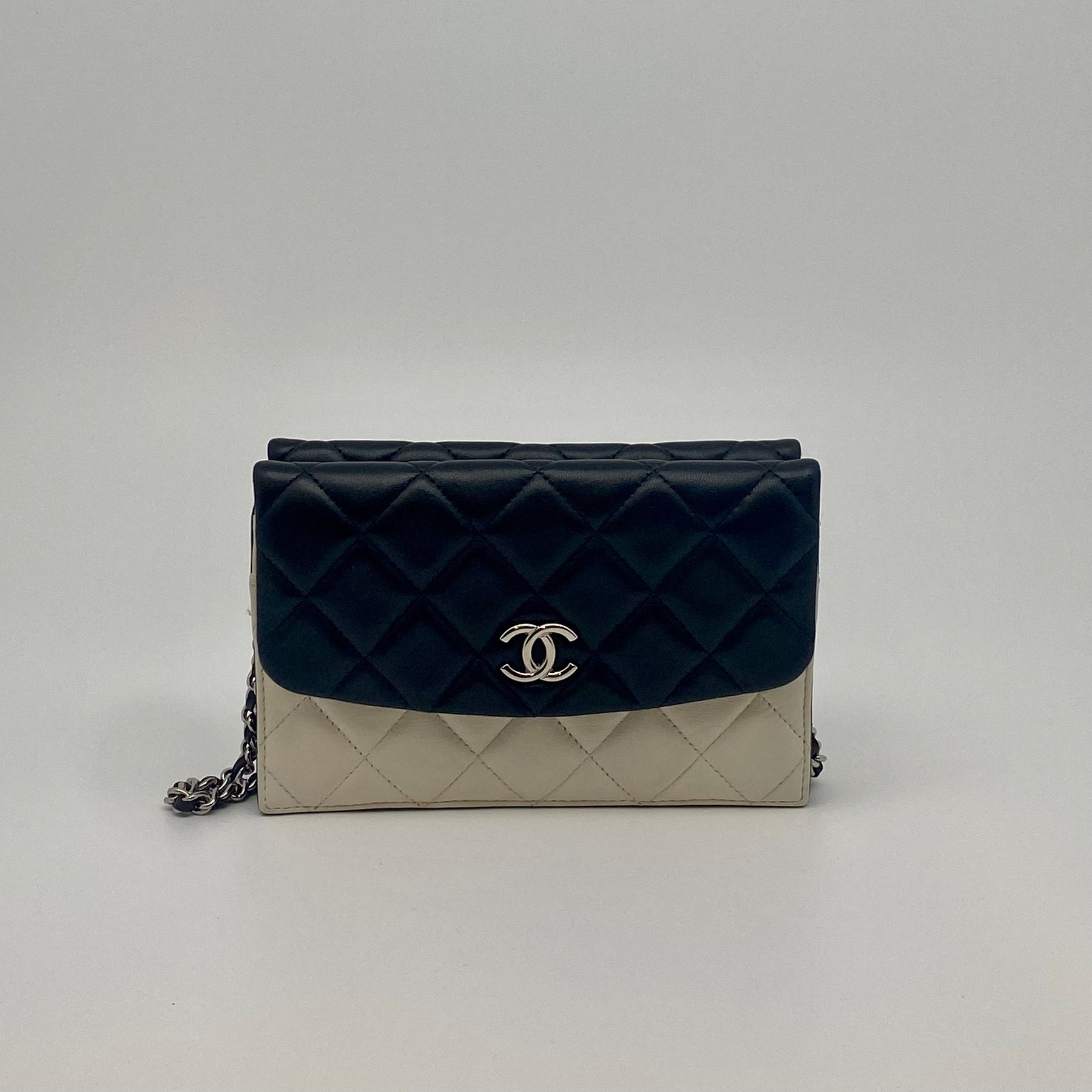 Chanel Quilted Lambskin Double Sided Wallet On Chain Black And White Lambskin Leather Silver-tone Hardware