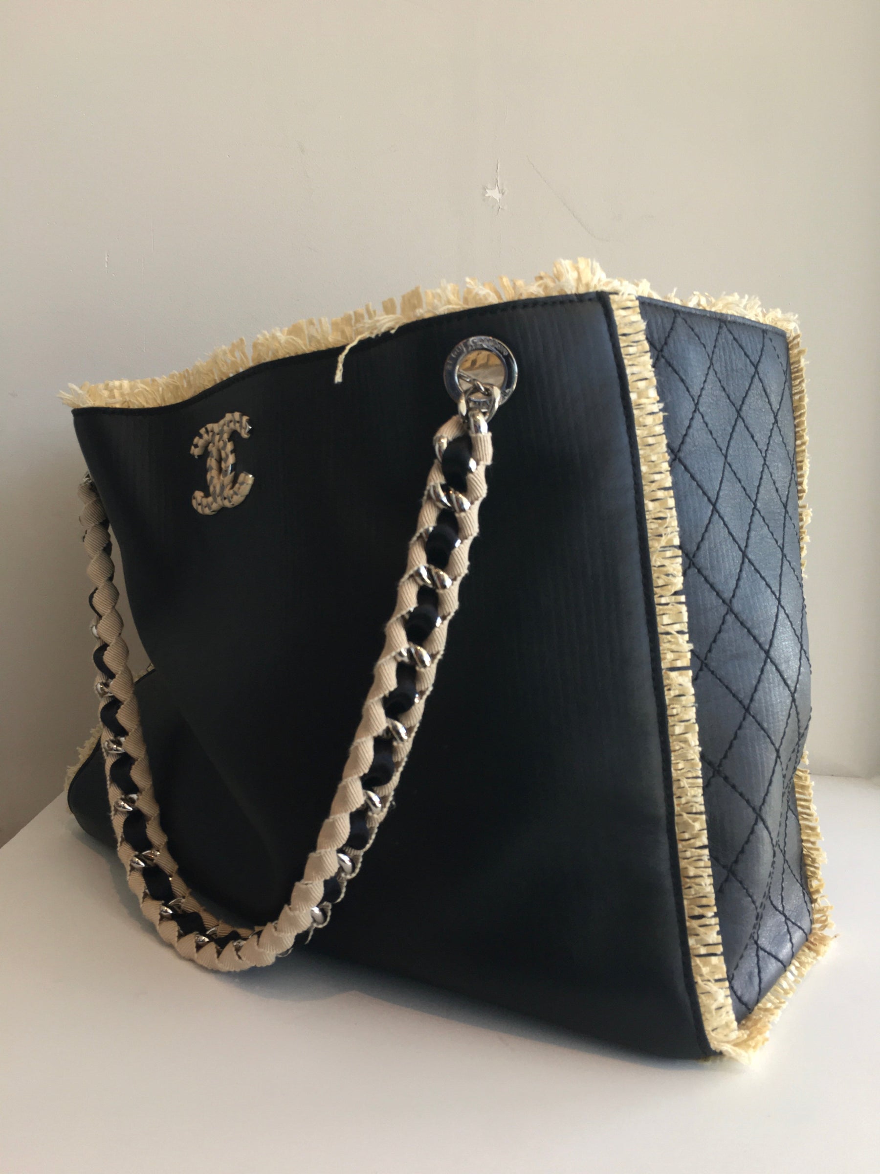 Chanel Leather Tote With Raffia Trim Side