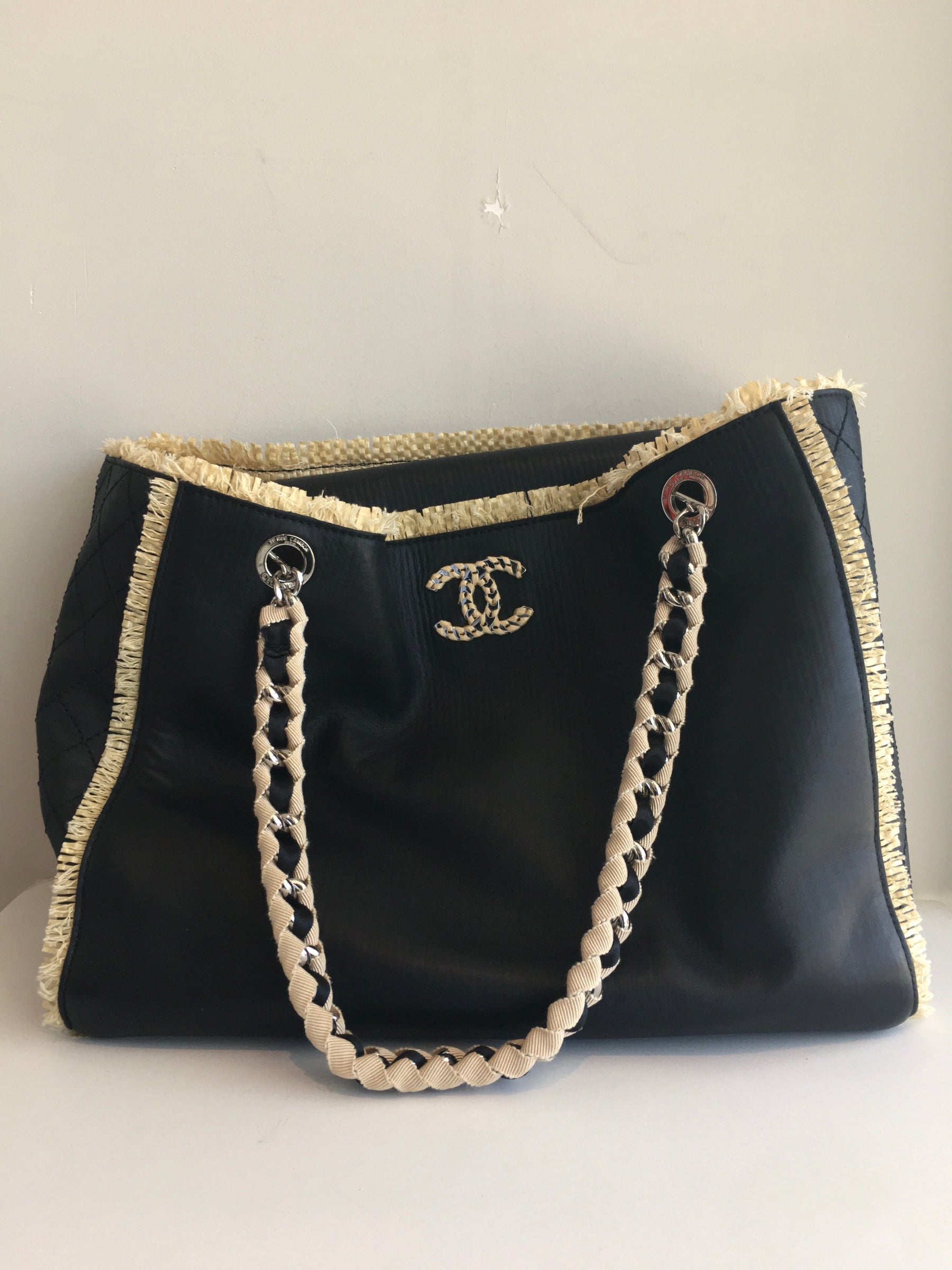 Chanel Leather Tote With Raffia Trim