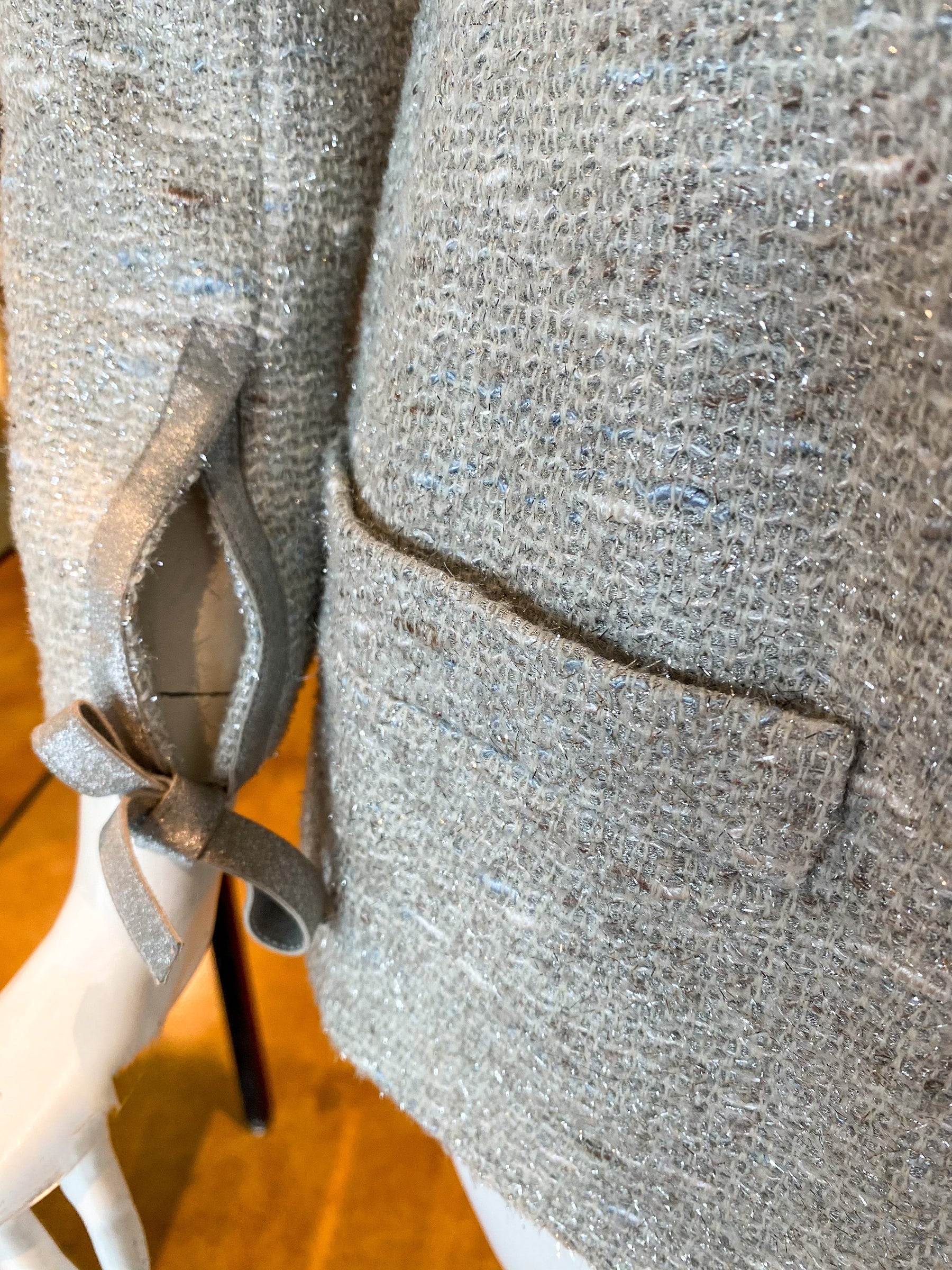 Chanel Tweed Evening Jacket Silver Tie Sleeve Pocket