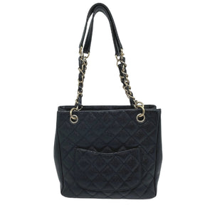 Chanel Caviar Petit Shopping Tote Quilted Black Leather Single Exterior Pocket Back