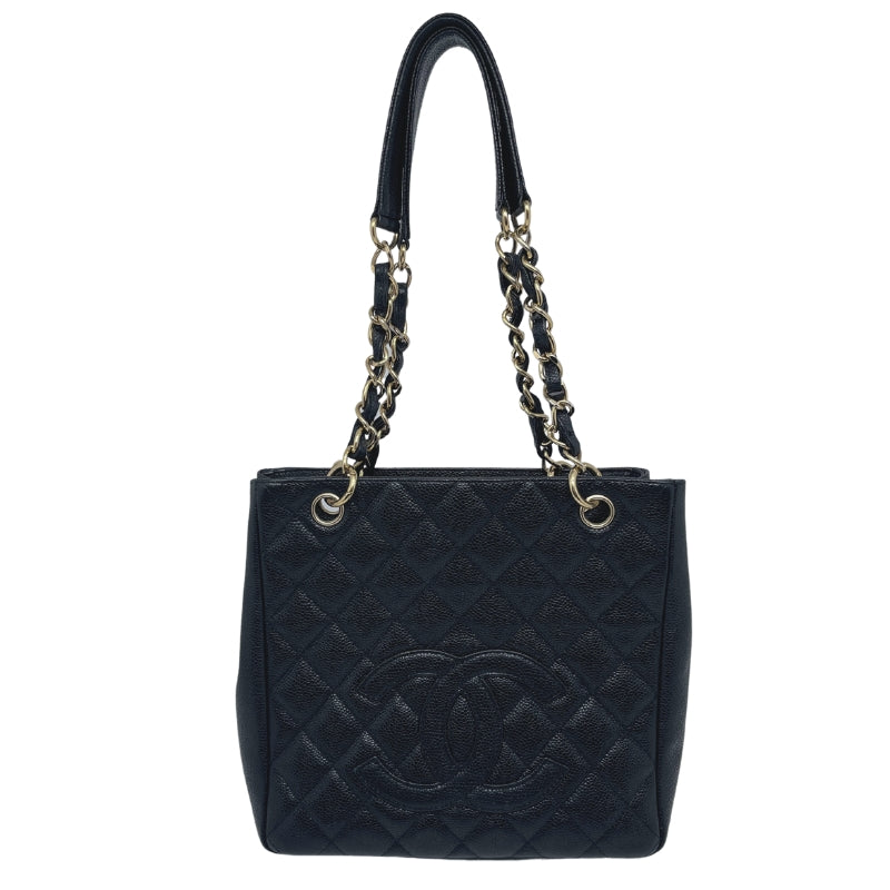 Chanel Caviar Petit Shopping Tote Quilted Black Leather CC Emblem Front