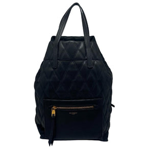 Givenchy rubberized canvas quilted duo backpack, black quilted exterior, gold hardware, front zipper pocket, adjustable and removable backpack straps, dual top handles, single interior pocket, clasp closure at top, condition excellent, front view
