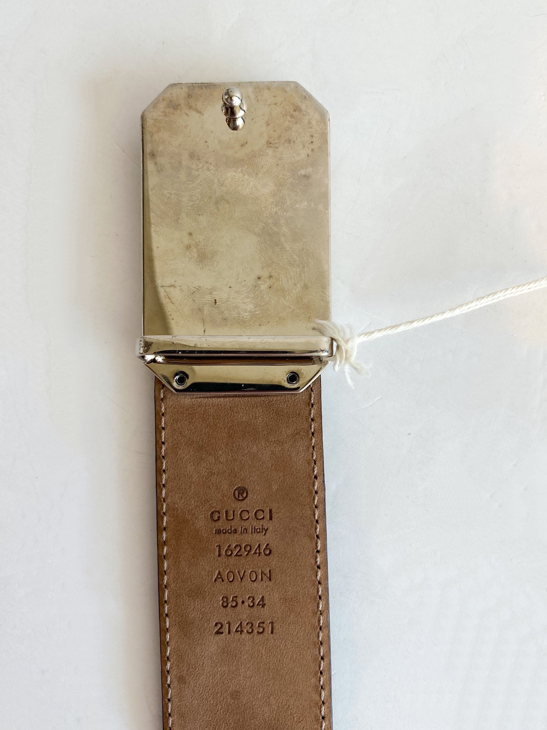Gucci Navy Leather Belt GG Silver Buckle Inside Logo