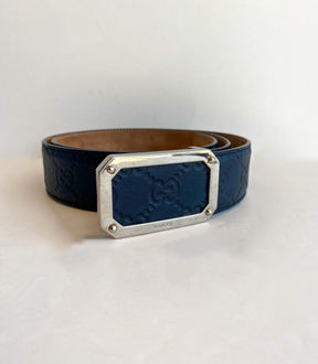 Gucci Navy Leather Belt GG Silver Buckle
