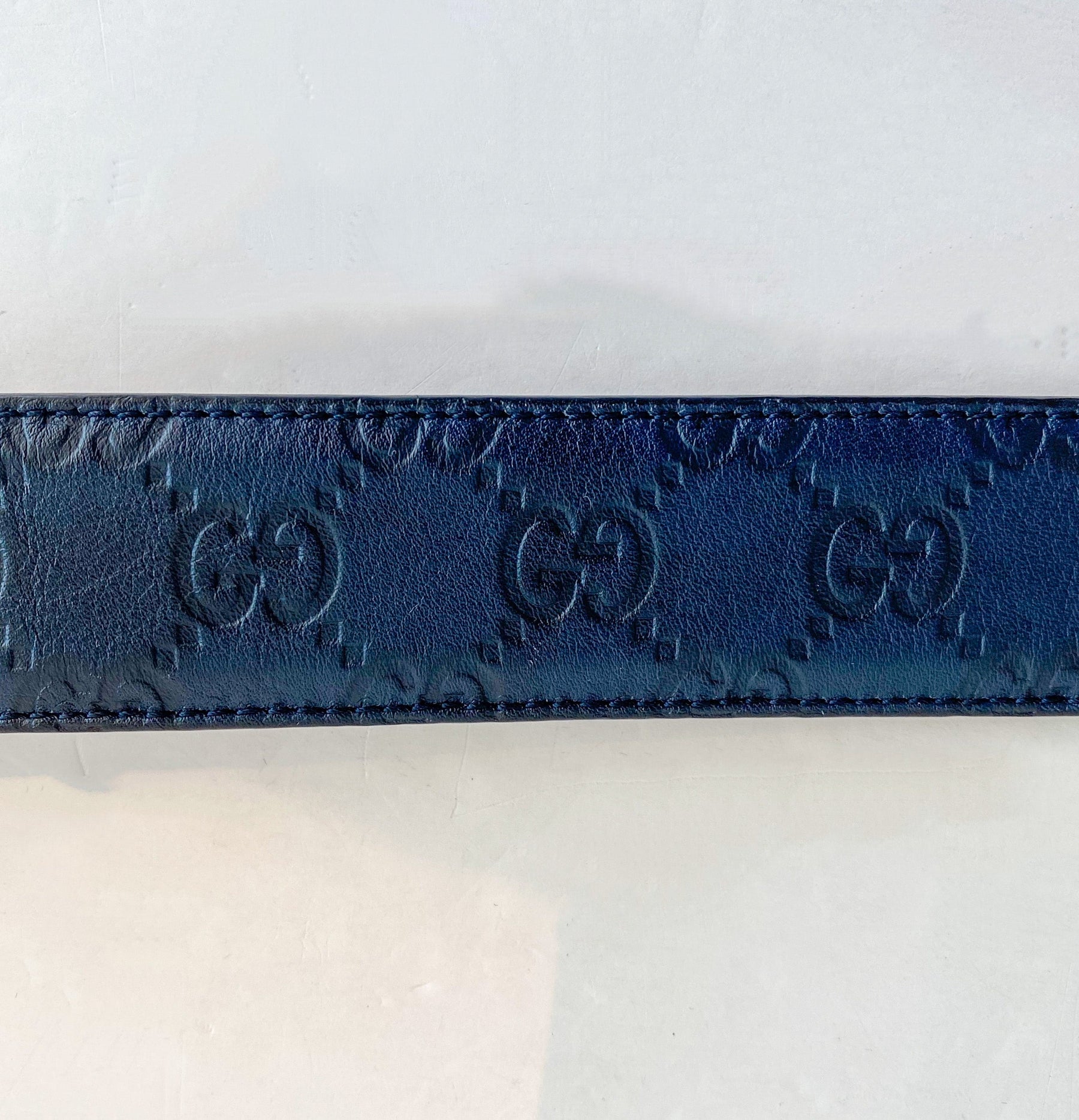 Gucci Navy Leather Belt GG Silver Buckle Logo