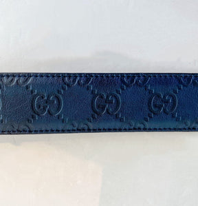 Gucci Navy Leather Belt GG Silver Buckle Logo
