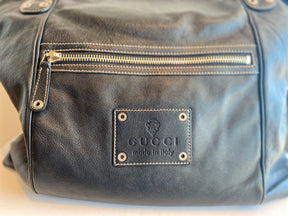 Gucci Black Leather Weekender Bag Front Zipper Pocket Logo