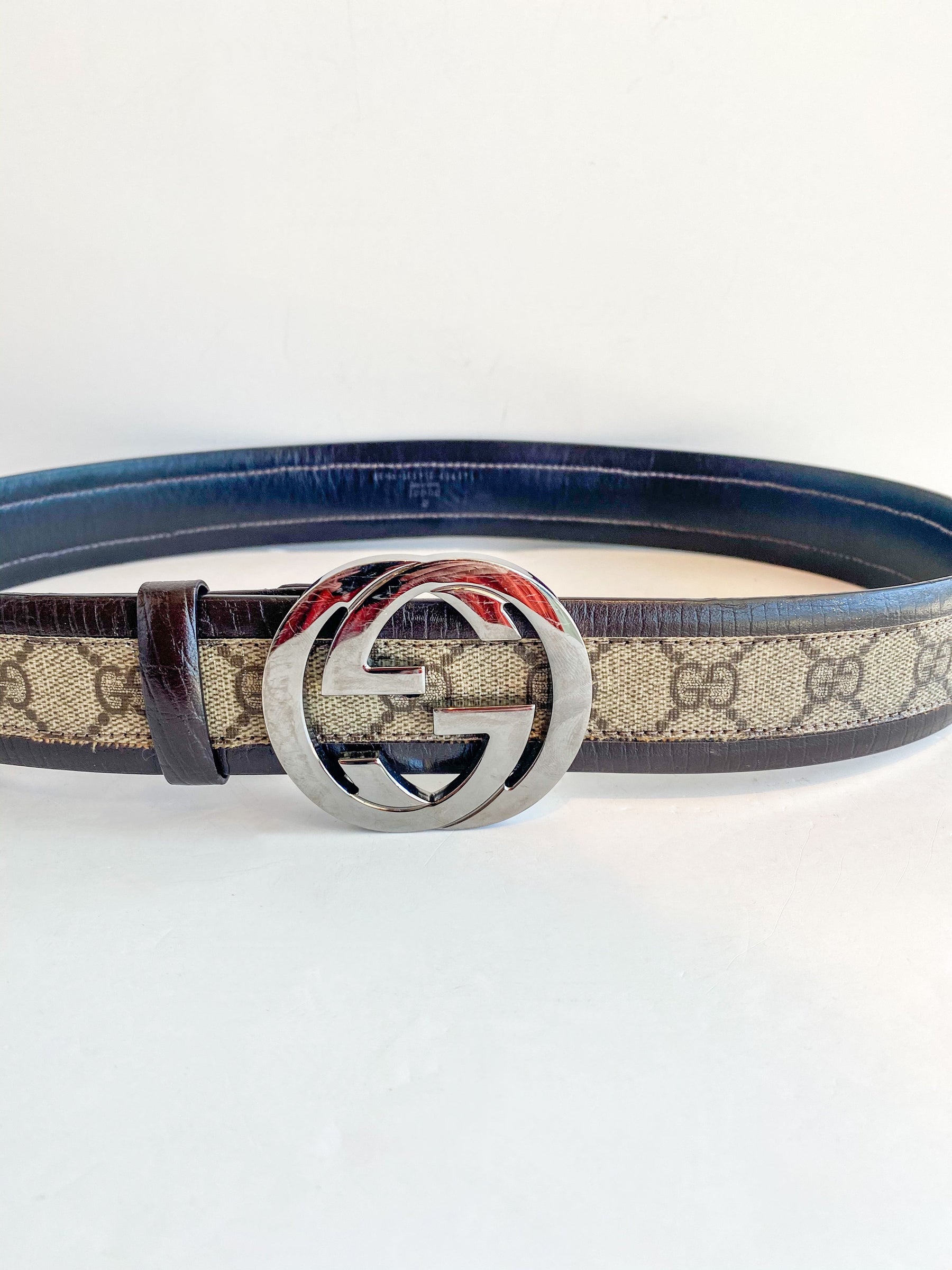 Gucci Guccissima GG Logo Belt Silver Buckle Brown Leather Tan Canvas Front
