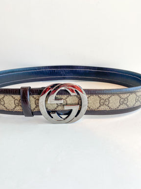 Gucci Guccissima GG Logo Belt Silver Buckle Brown Leather Tan Canvas Front