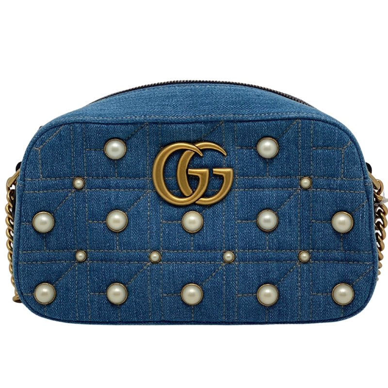 Gucci Denim Marmont Shoulder Bag Faux Pearl Accents Gold-tone GG Logo