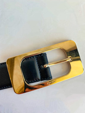 Gucci Black Leather Belt Gold Buckle Detail