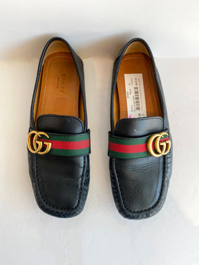 Gucci Logo Loafers Leather Black Gold Red Green Stripe Top of Shoes