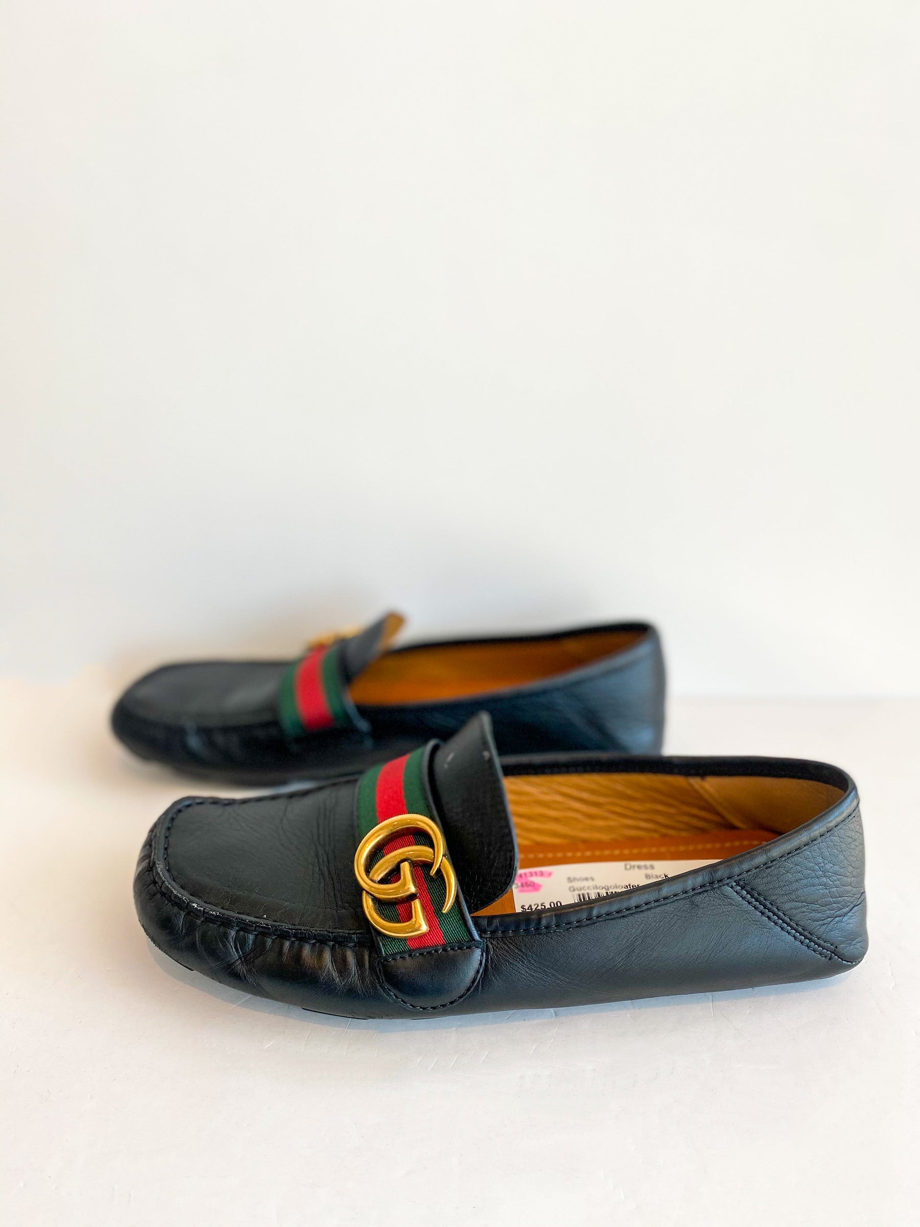 Gucci Logo Loafers Leather Black Gold Red Green Stripe Side of Shoes