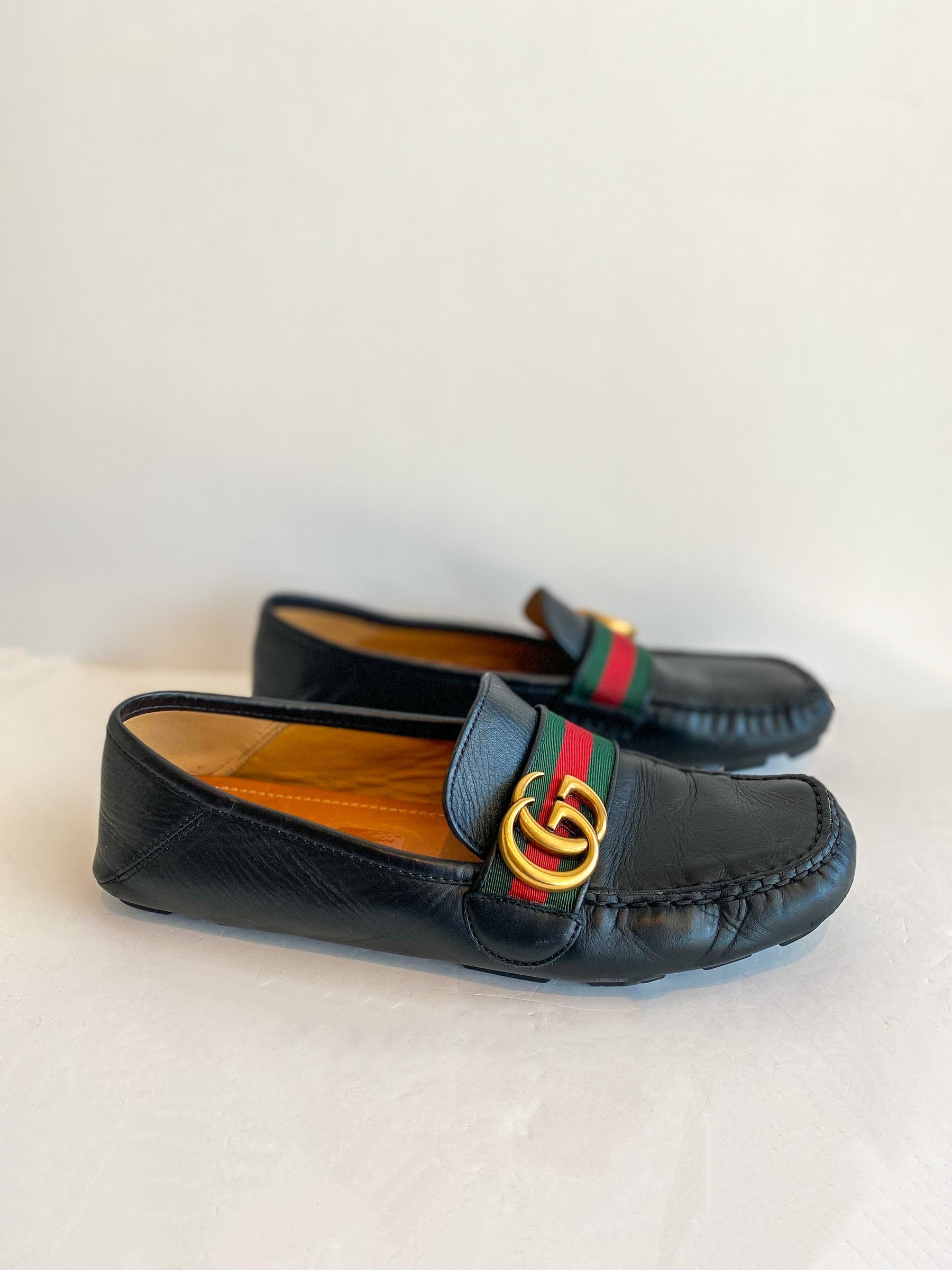 Gucci Logo Loafers Leather Black Gold Red Green Stripe Side of Shoes