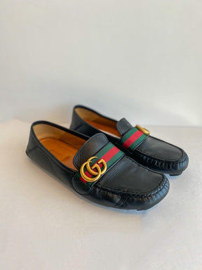 Gucci Logo Loafers Leather Black Gold Red Green Stripe