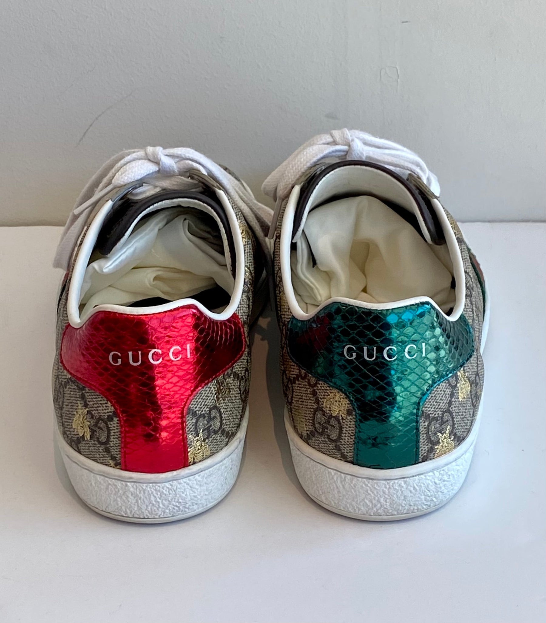 Gucci New Ace Monogram Bee Sneaker Back Red Leather Detail Green Leather Detail