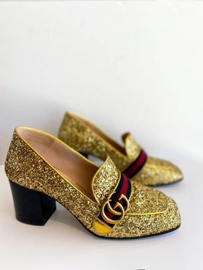 Gucci Gold Glitter Peyton Marmont Heels Side