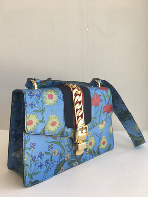Gucci Small Blue Sylvie Floral Print Shoulder Bag Side Top Handle