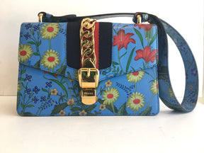 Gucci Small Blue Sylvie Floral Print Shoulder Bag Gold-tone Chain Detail Webb Stripe Flora Collection