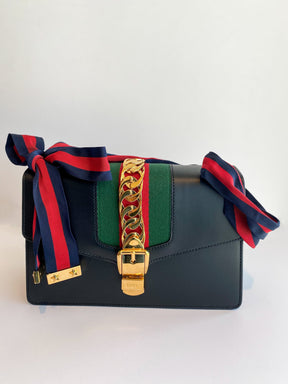 Gucci Sylvie Small Shoulder Bag Black Leather Ribbon 