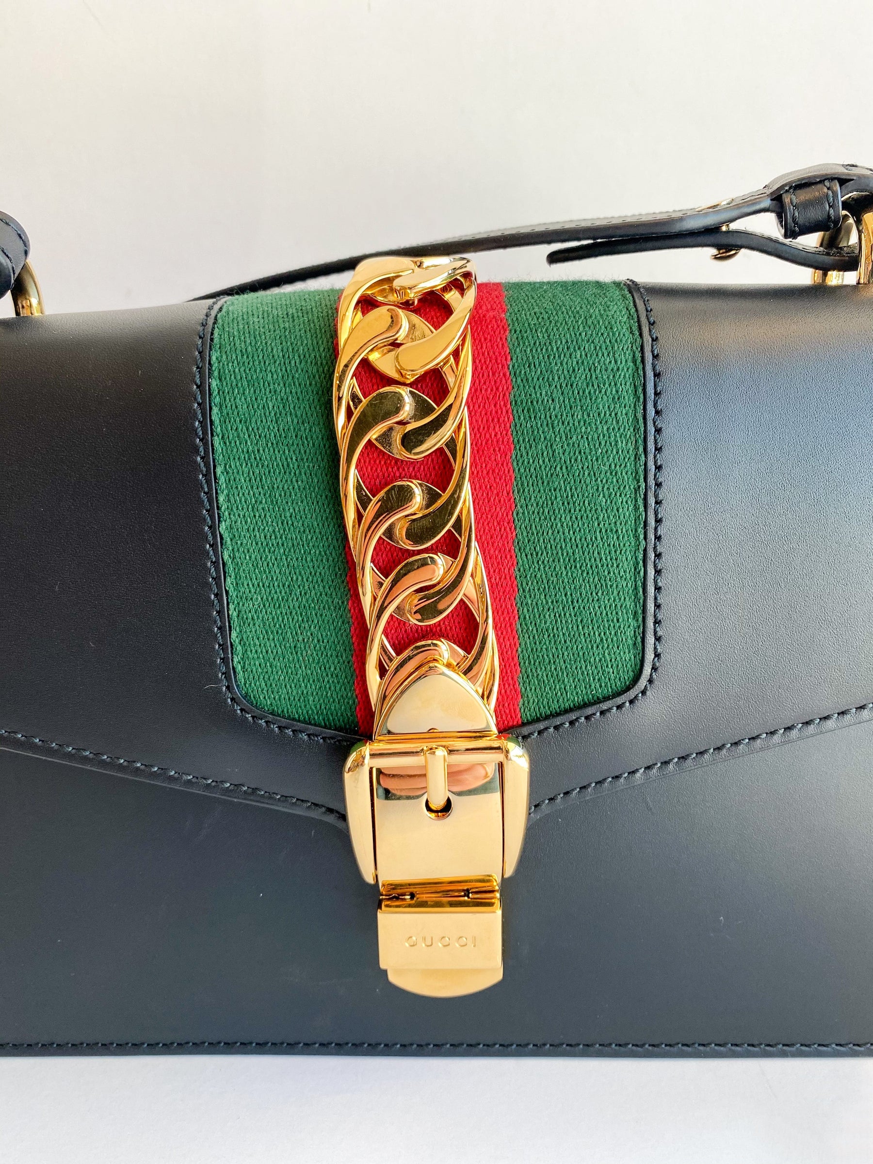 Gucci Sylvie Small Shoulder Bag Black Leather Gold Buckle Detail