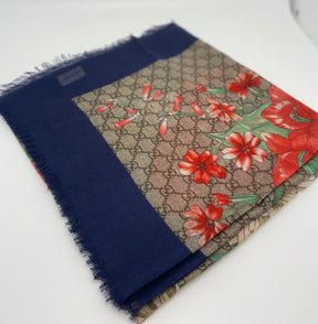 Gucci Monogram Scarf with Floral Design | Navy Board | Raw Frayed Edge | Excellent Condition