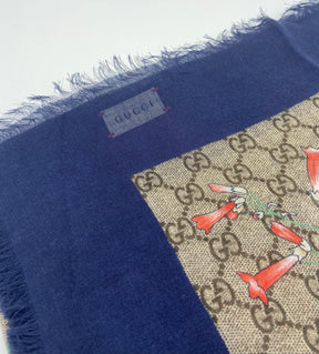 Gucci Monogram Scarf with Floral Design | Navy Board | Raw Frayed Edge | Gucci Tag Stitched Inside | Excellent Condition