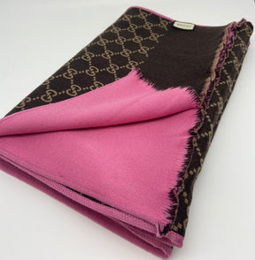 Brown Monogram & Solid Pink Gucci Scarf | Silk Wool | Excellent Condition