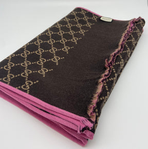 Brown Monogram & Solid Pink Gucci Scarf | Silk Wool | Excellent Condition